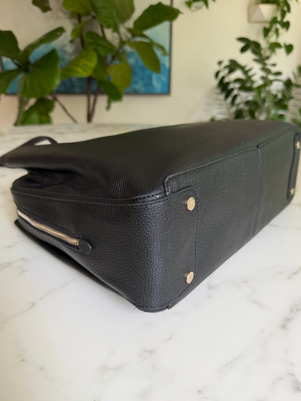 Quince Italian Leather Triple Compartment Work Tote Black Laptop Shoulder Bag - Picture 7 of 14